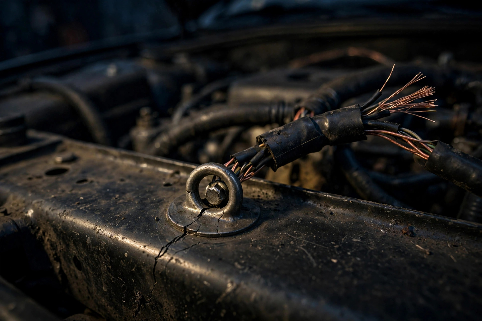 Close-up of an engine bay wiring harness ground terminal showing a fractured eyelet