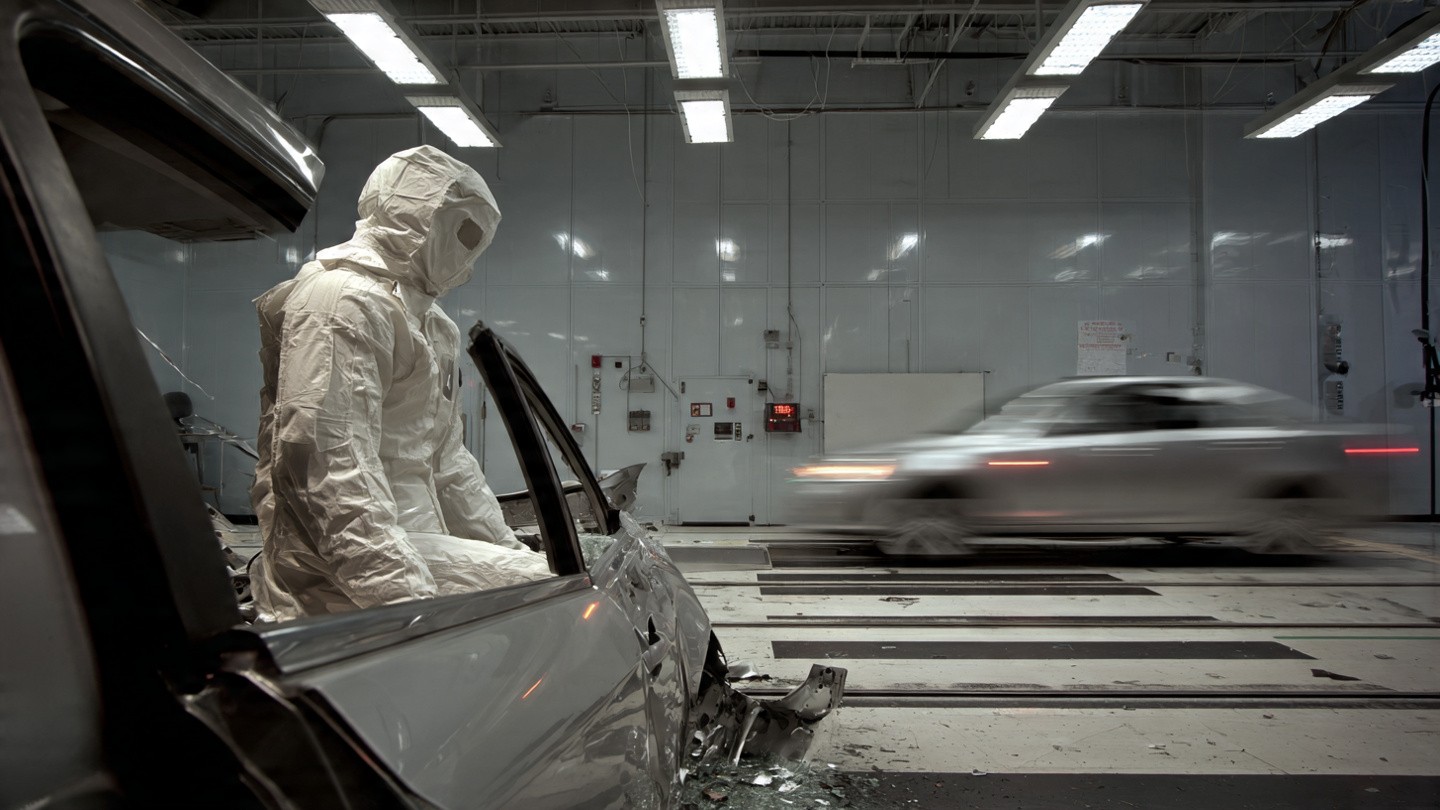 NHTSA crash test facility with crumple zone ratings juxtaposed against crash prevention technology