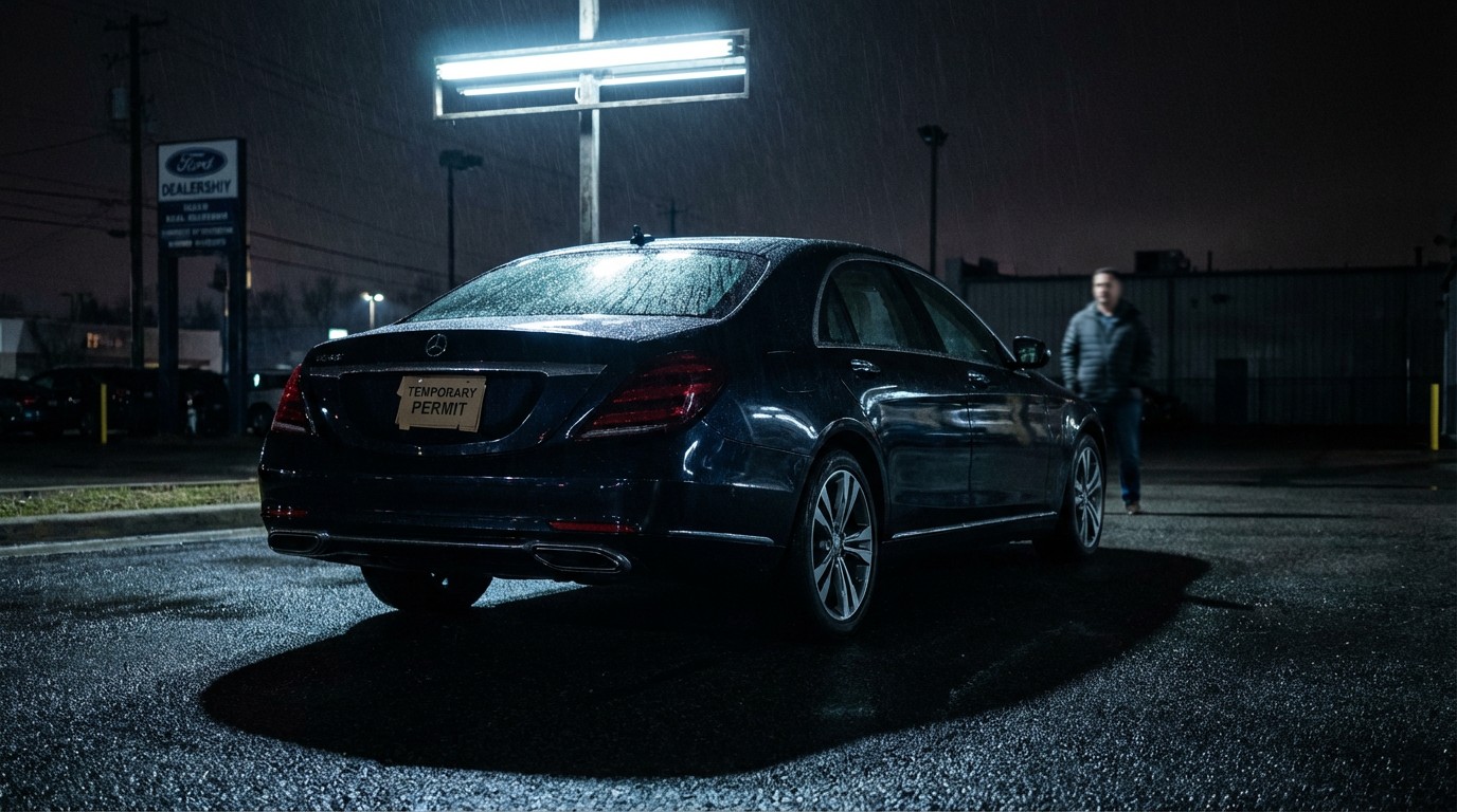 A gleaming new car on a dealer lot with a temporary tag, casting a long shadow on wet asphalt