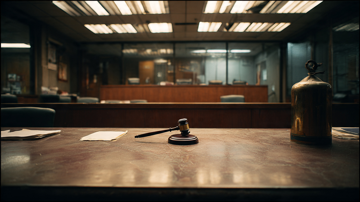 A gavel resting on regulatory documents beside a cracked airbag inflator canister