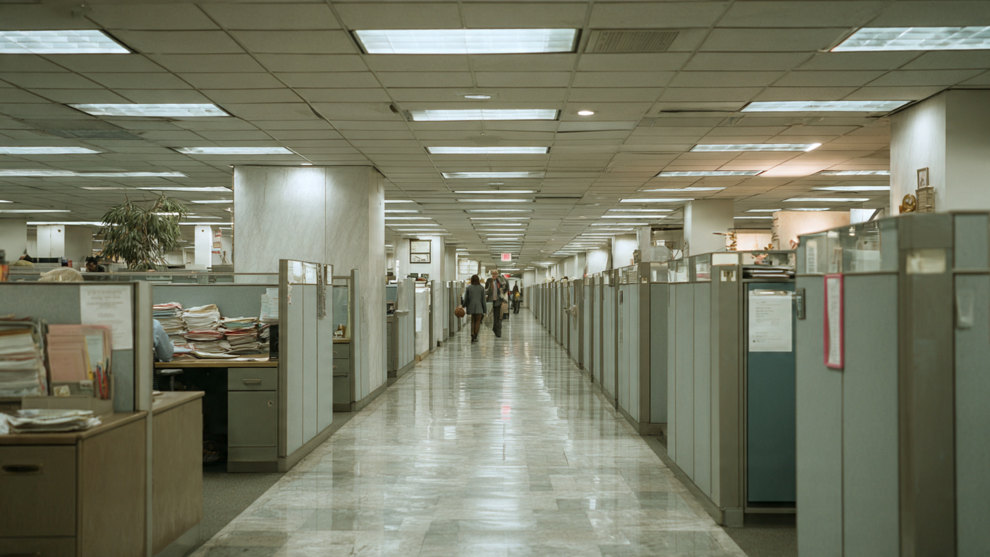 Empty federal office building with abandoned desks and a NHTSA logo on the wall