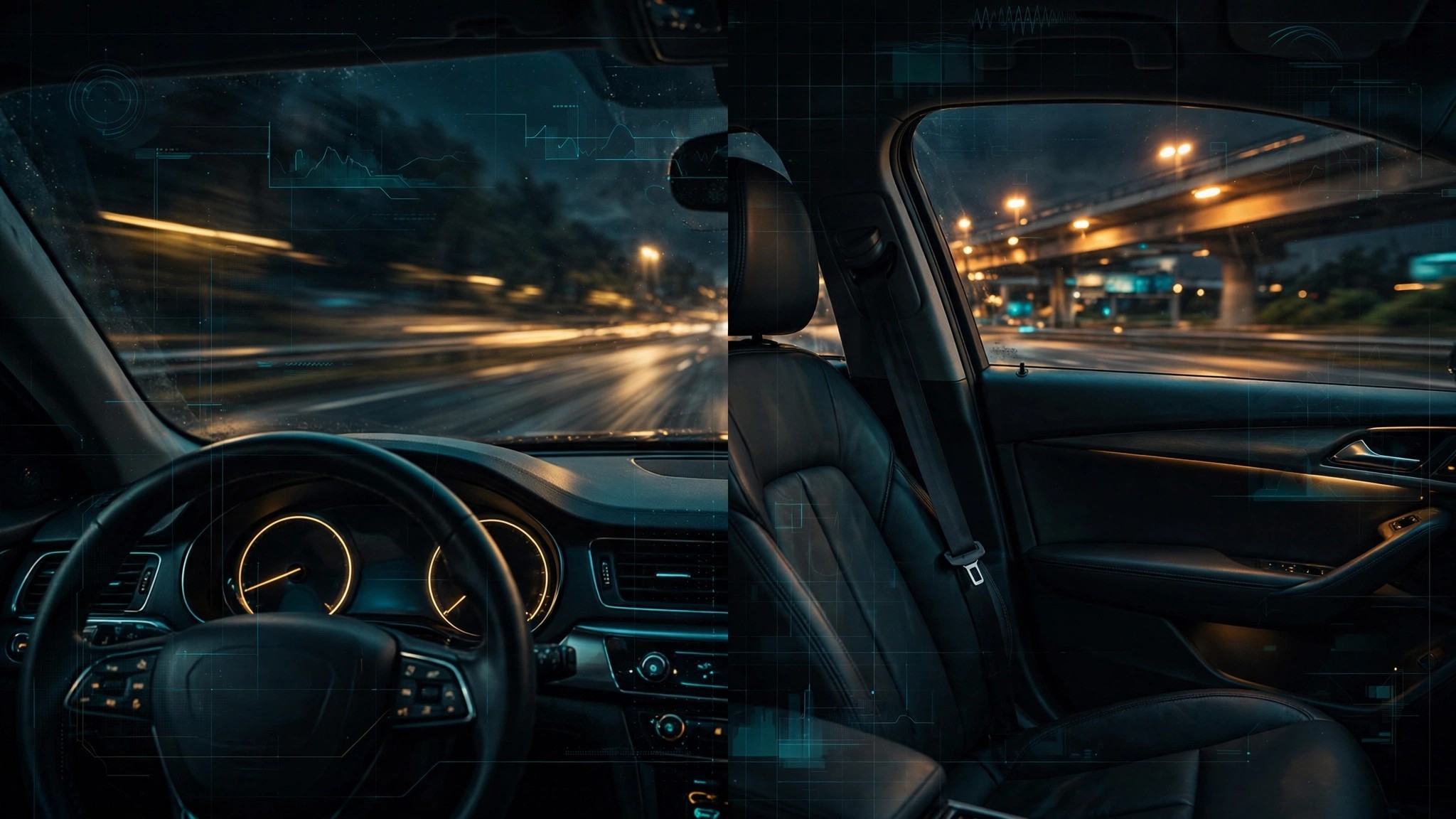 Split-frame photograph of a small sedan and large pickup truck on a dark highway