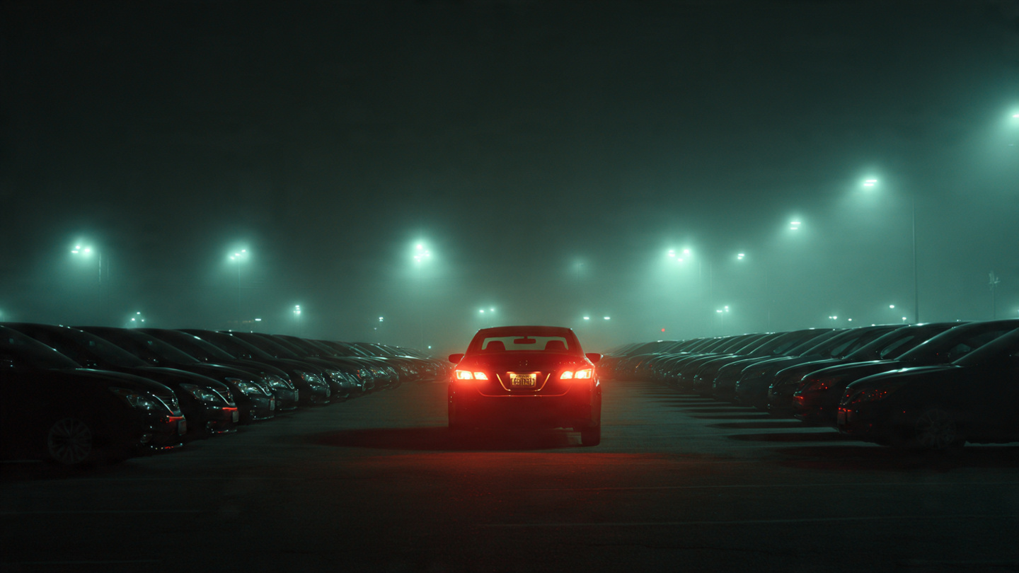 A dimly lit Nissan dealership lot at night, rows of sedan silhouettes in harsh fluorescent lighting