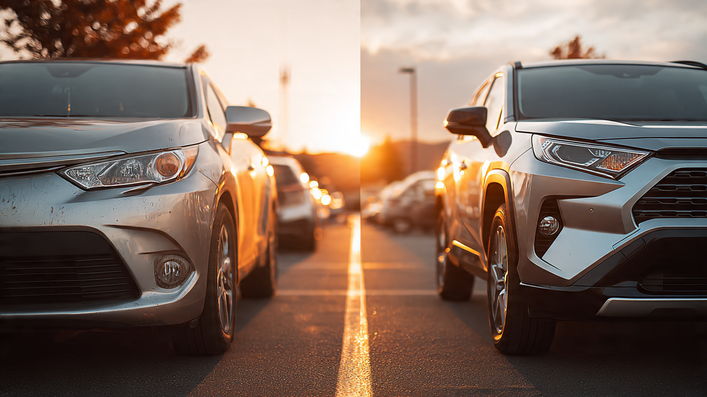 Split-screen comparison of a sedan and SUV at a dealership, representing the safety gap between vehicle types