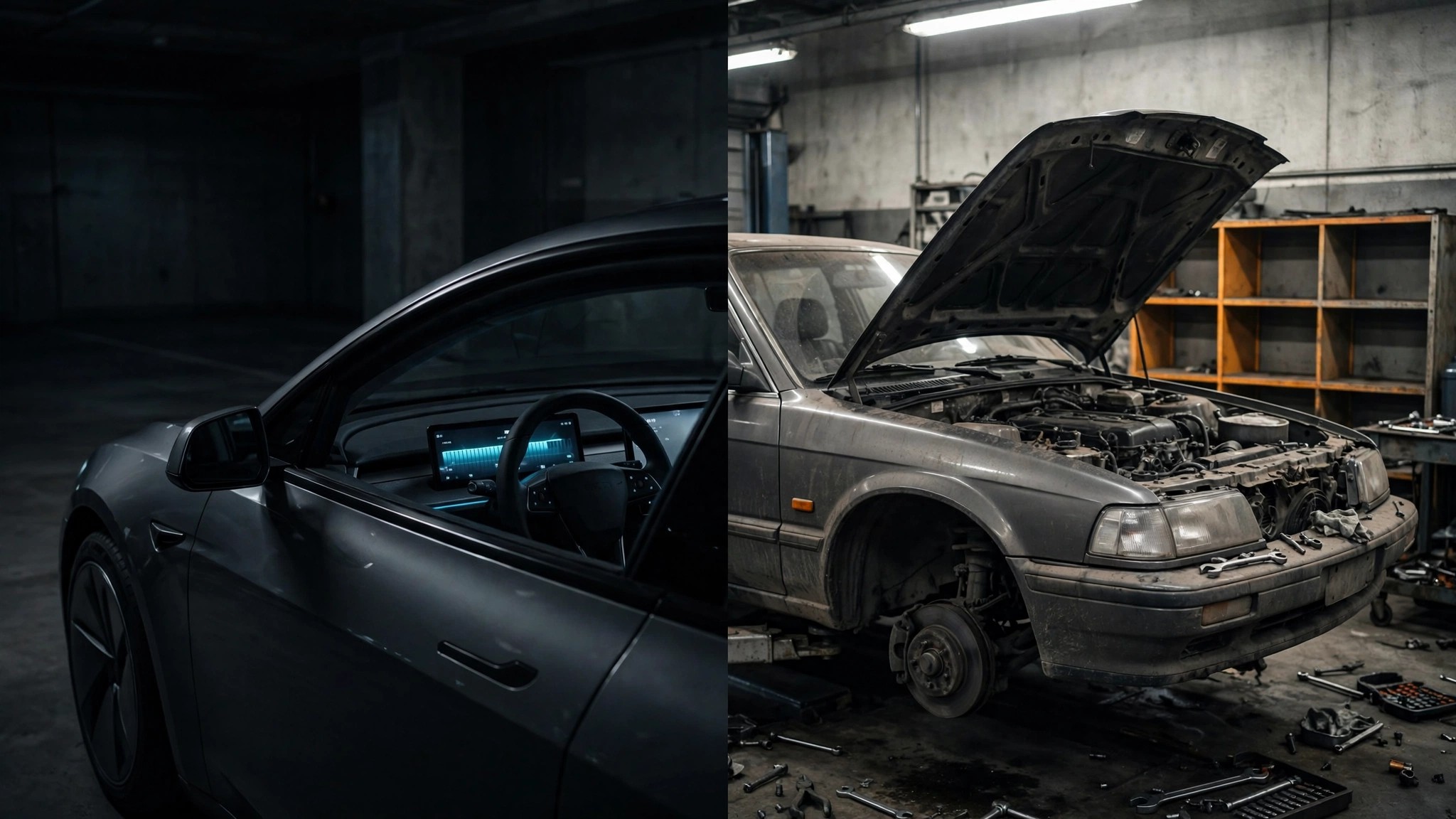 Split image: a modern car receiving a software update in a dark garage beside an older car with its hood open in a repair shop
