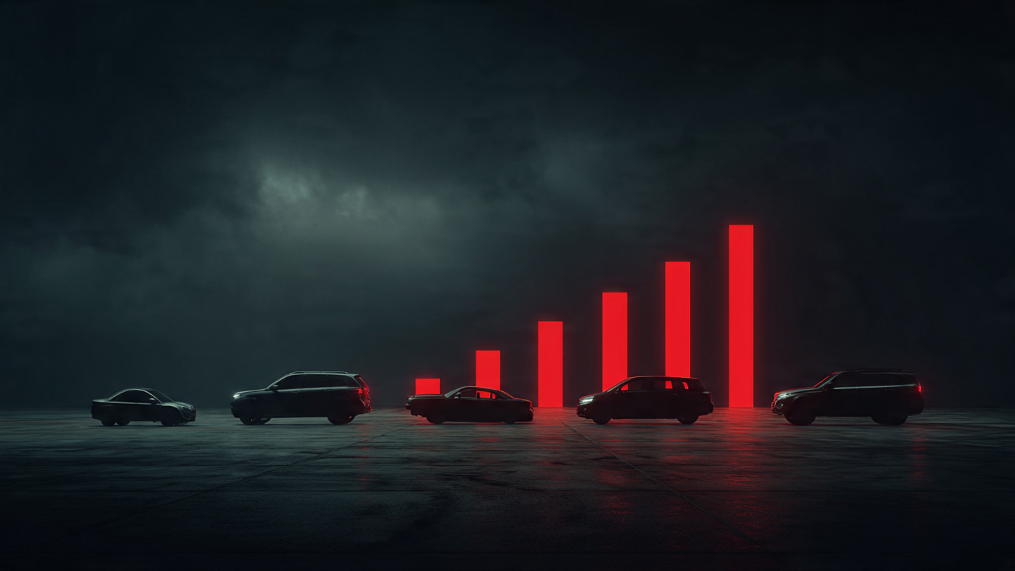 Vehicle silhouettes with dramatic red bars showing divergent fatality risk across the American fleet