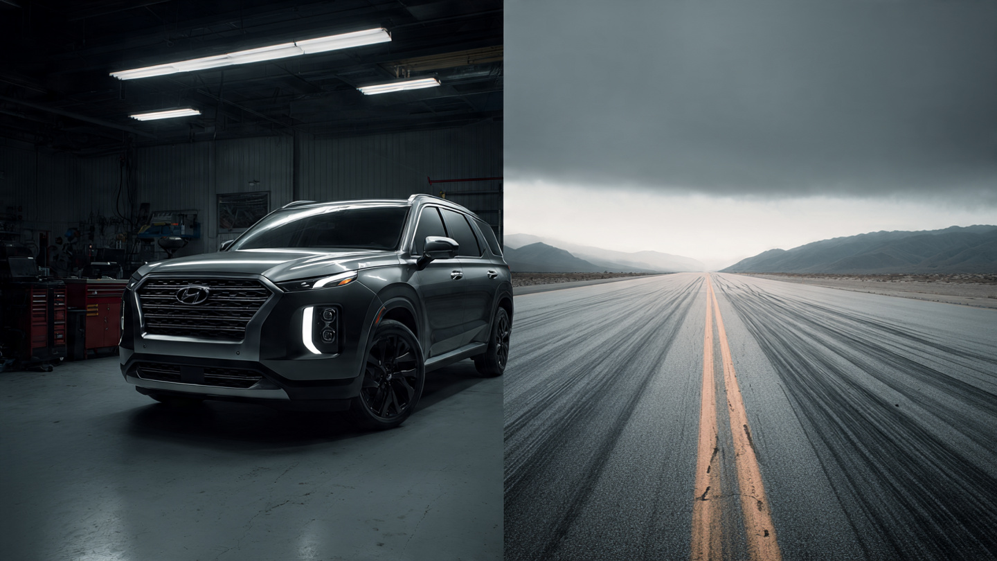 A dramatic split image contrasting a Hyundai Palisade in a service bay with an empty highway stretching to the horizon
