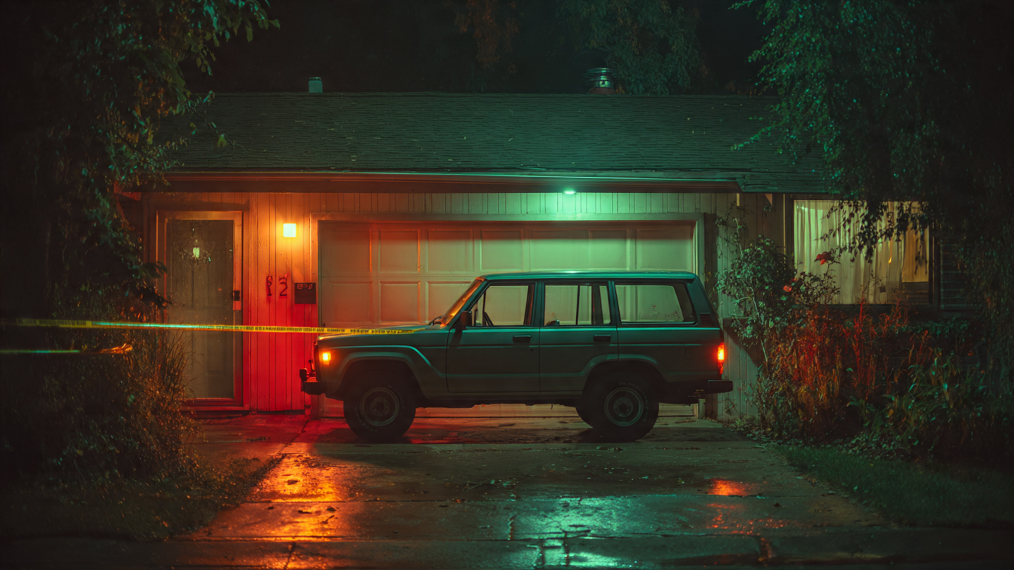 An SUV parked alone in a suburban driveway at night with amber warning lights reflecting off the closed garage door, photojournalistic style