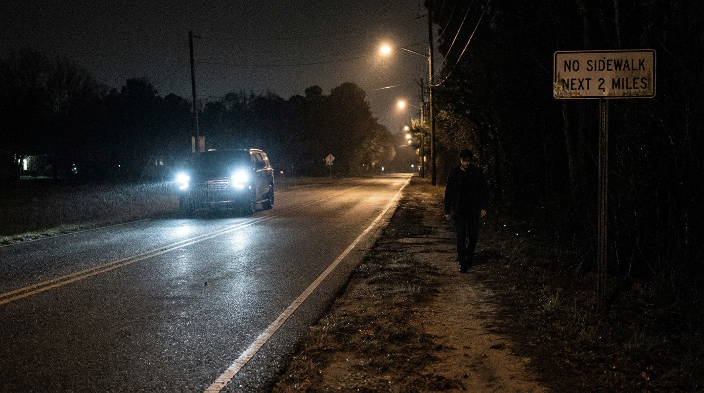 Dark arterial road at night with no sidewalk and a large SUV, illustrating the three-blade pedestrian death machine