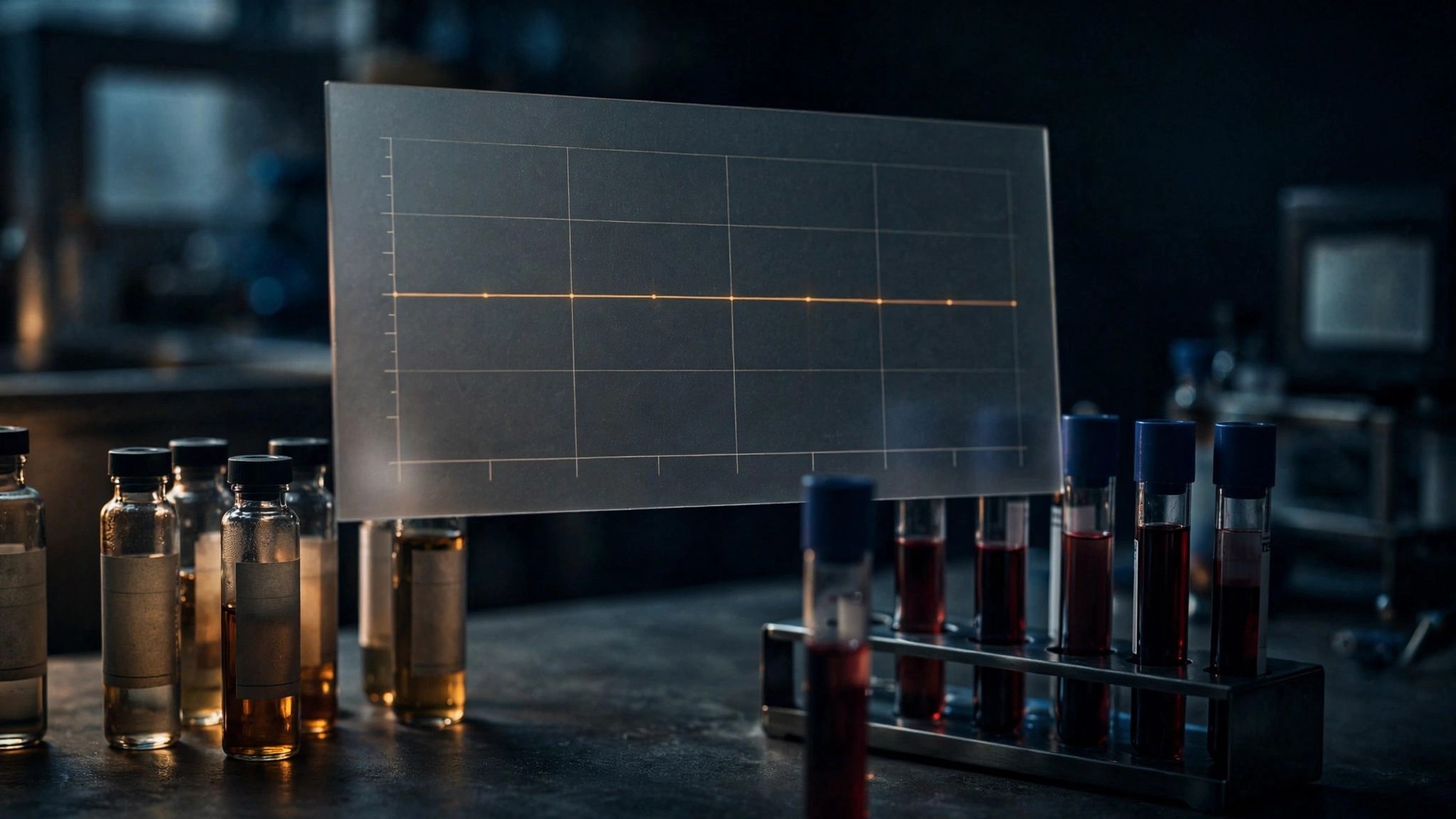 Flat-line chart overlaid on toxicology vials showing impairment rates steady at twenty percent across four vehicle safety quartiles