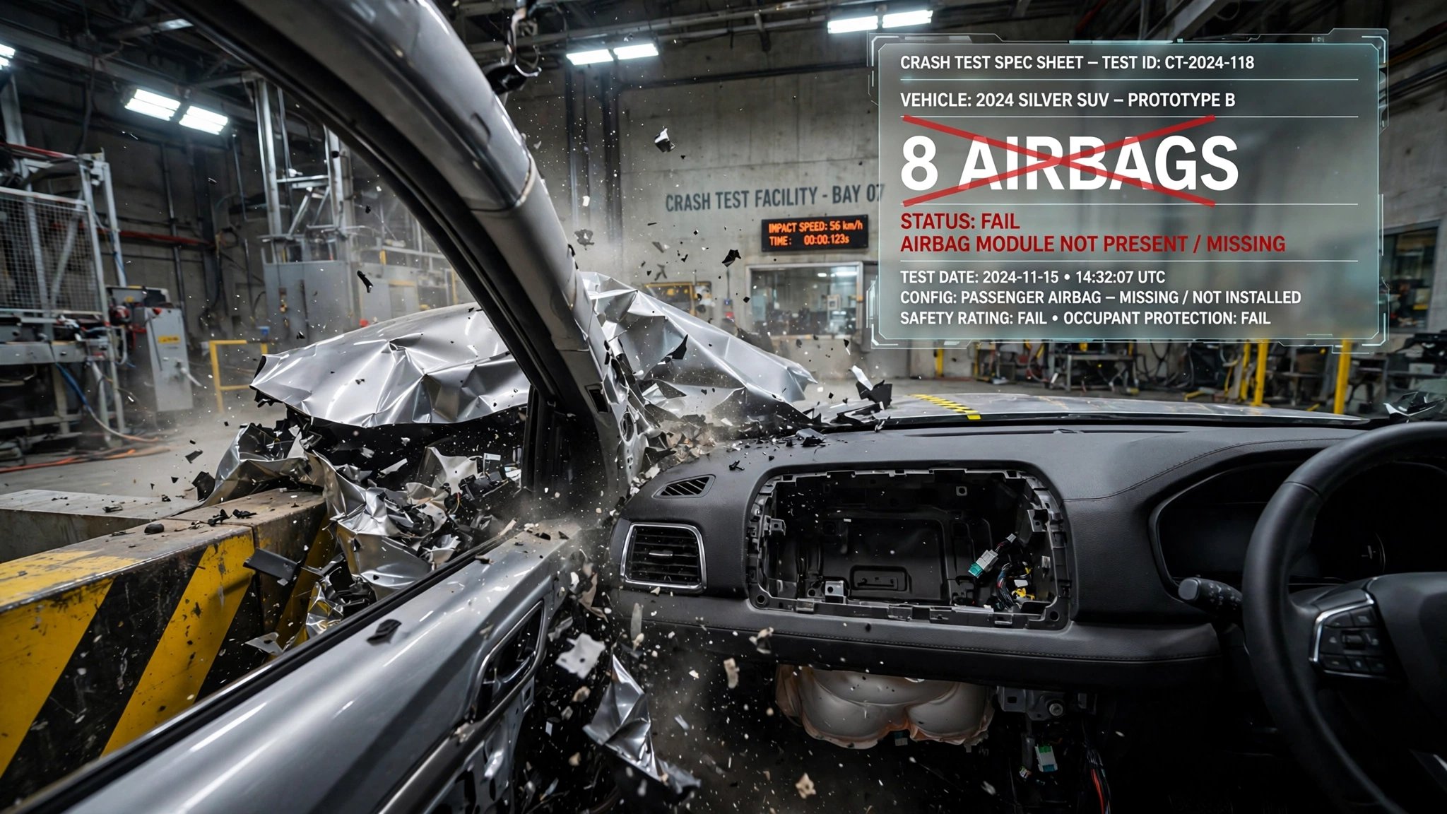 Crash test vehicle with missing airbags and spec sheet overlay