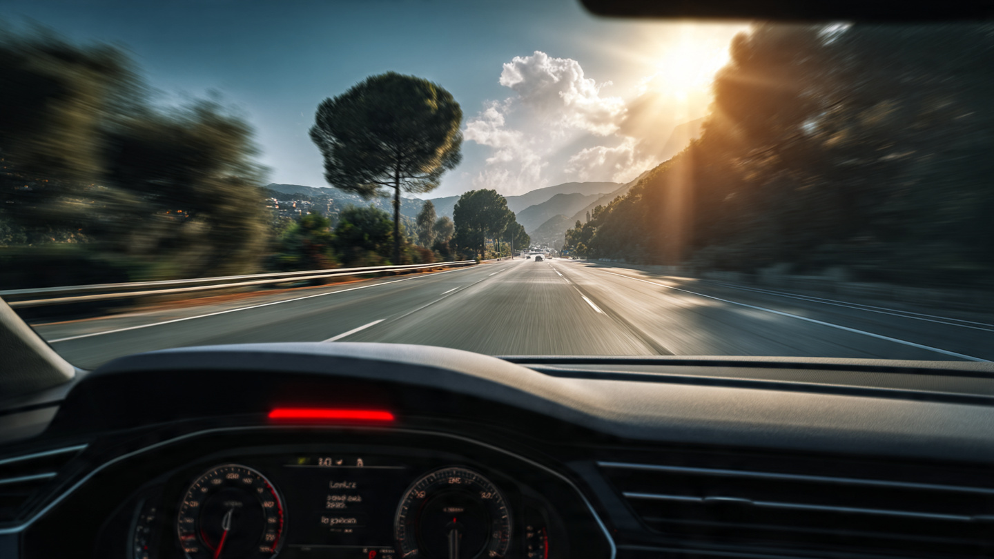 Dashboard view of a highway with a brake warning light illuminated and no obstacle ahead