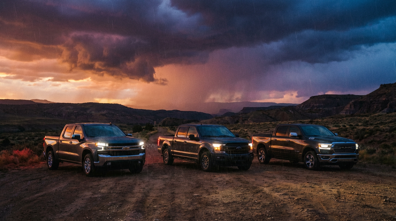 Row of pickup trucks at dusk
