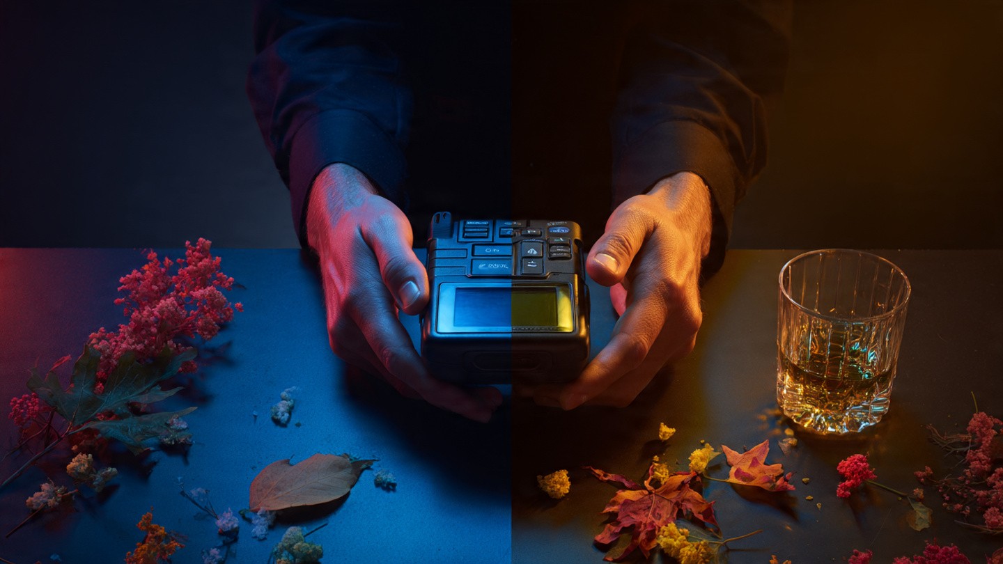 Breathalyzer device overlaid with toxicology results showing multiple substances