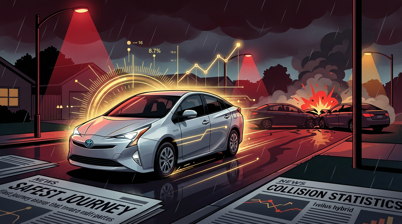 A silver Toyota Prius hybrid on a suburban road with a faint golden glow