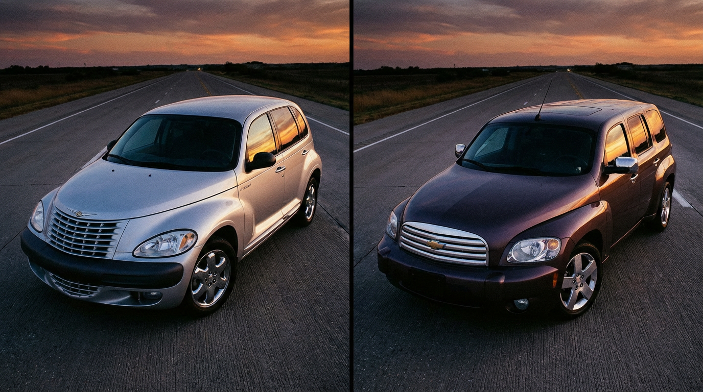 Chrysler PT Cruiser and Chevrolet HHR side by side on a highway at dusk