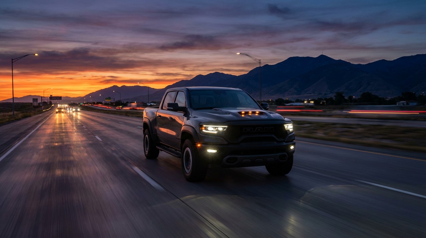 Black Ram 1500 pickup truck on an American highway