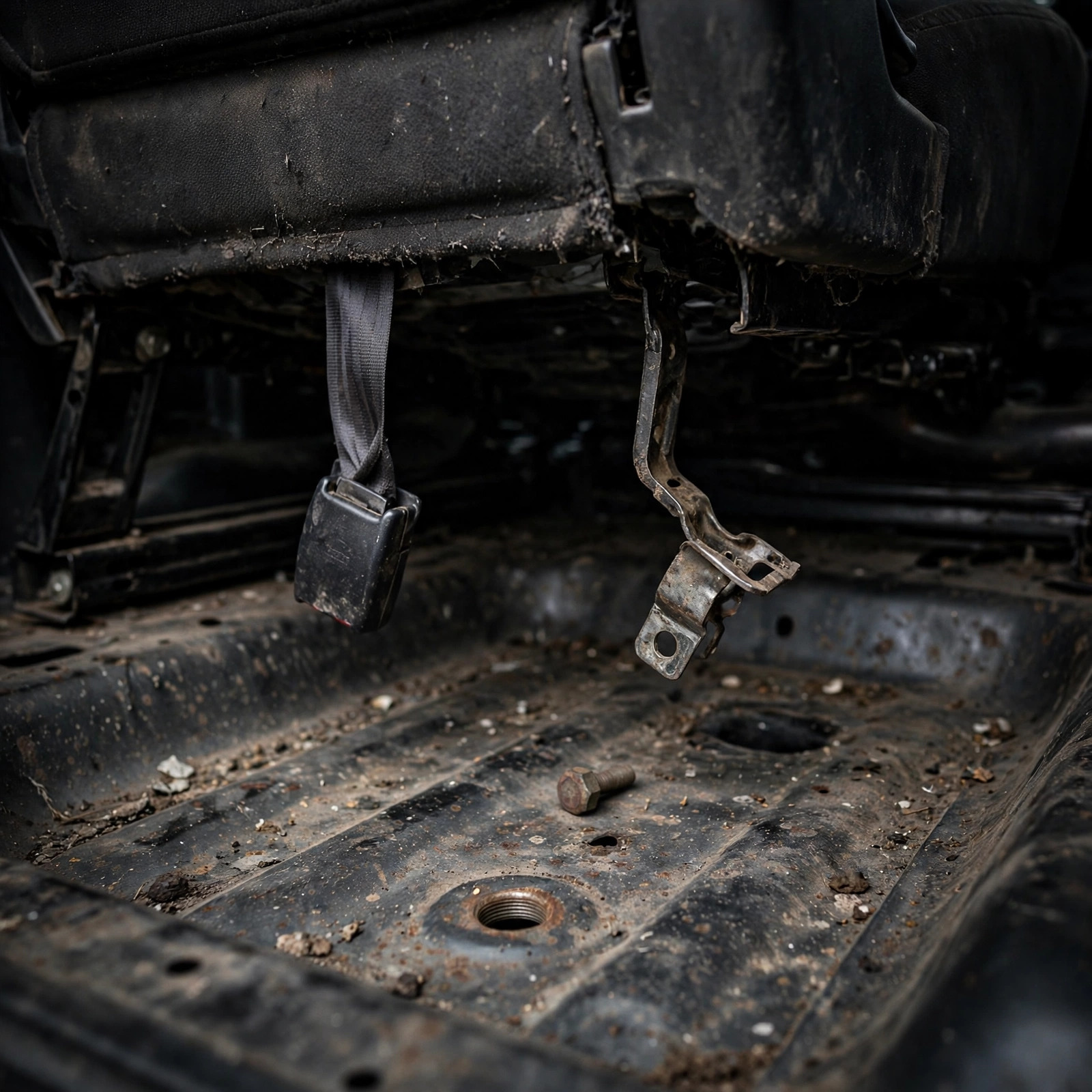 Underside of a pickup truck seat showing a disconnected seat belt buckle anchor