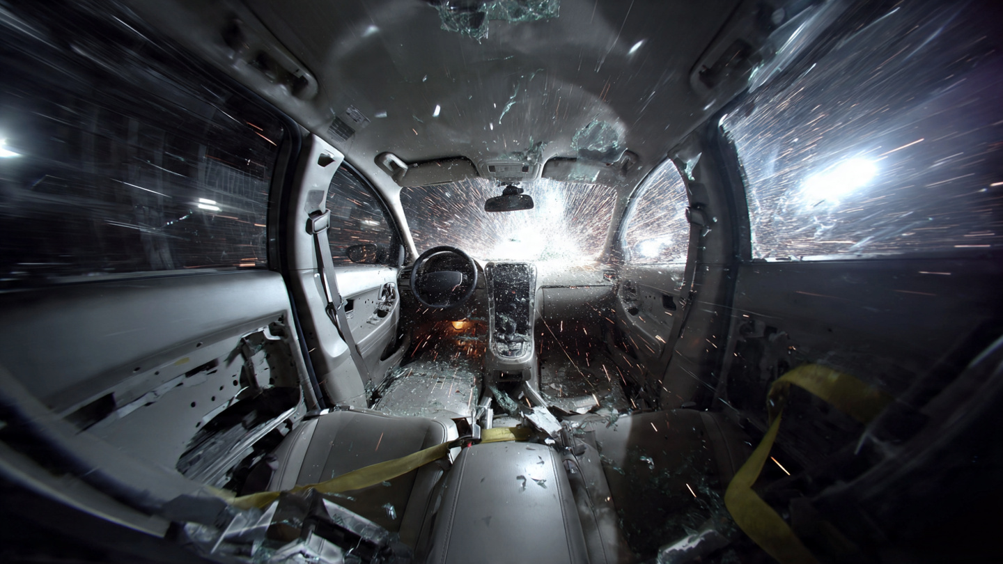 A crash test dummy in the rear seat of a sedan during an IIHS frontal offset test