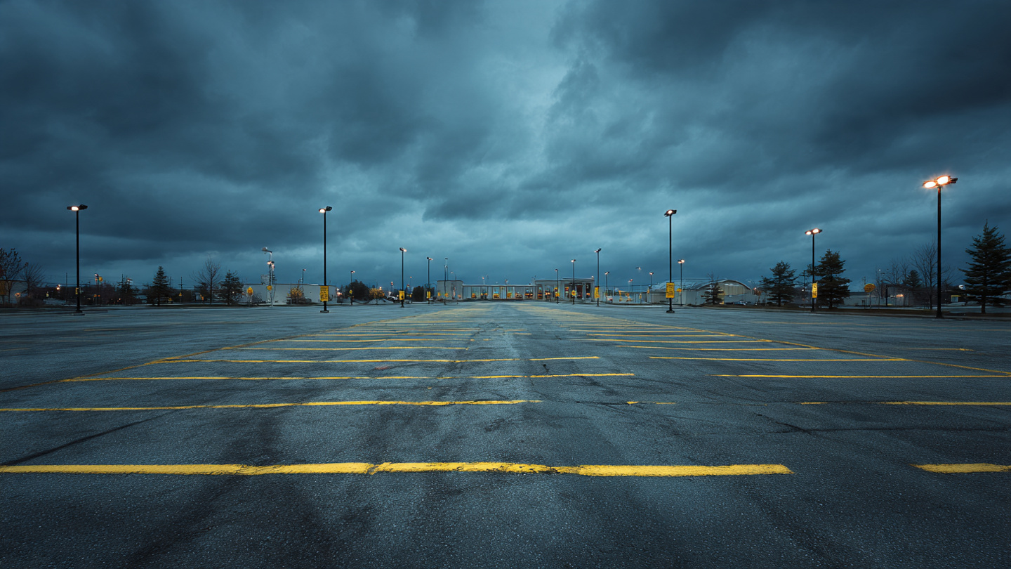 Empty car dealership lot at dusk during the recession