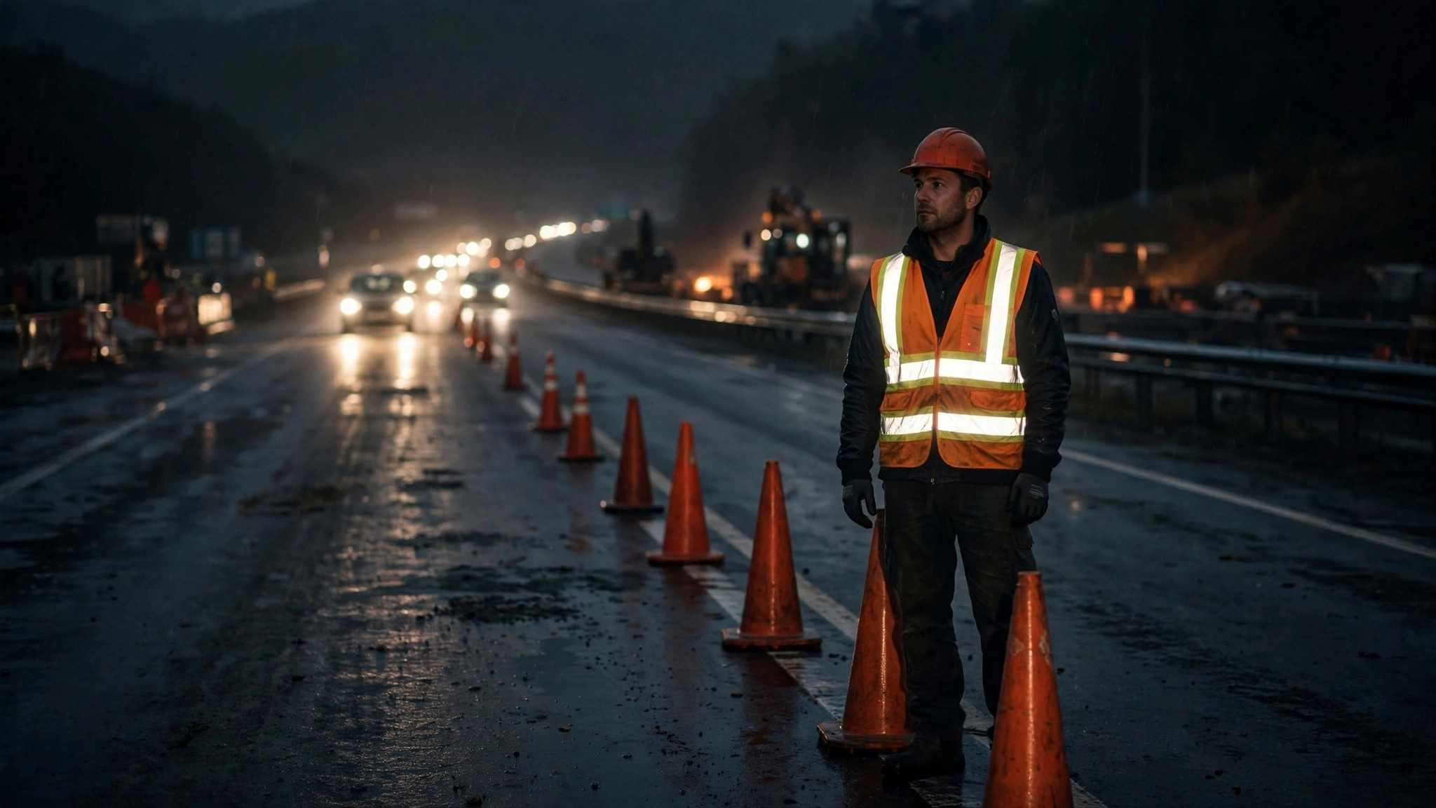 Construction worker in retroreflective safety vest standing in a nighttime highway work zone as car headlights approach