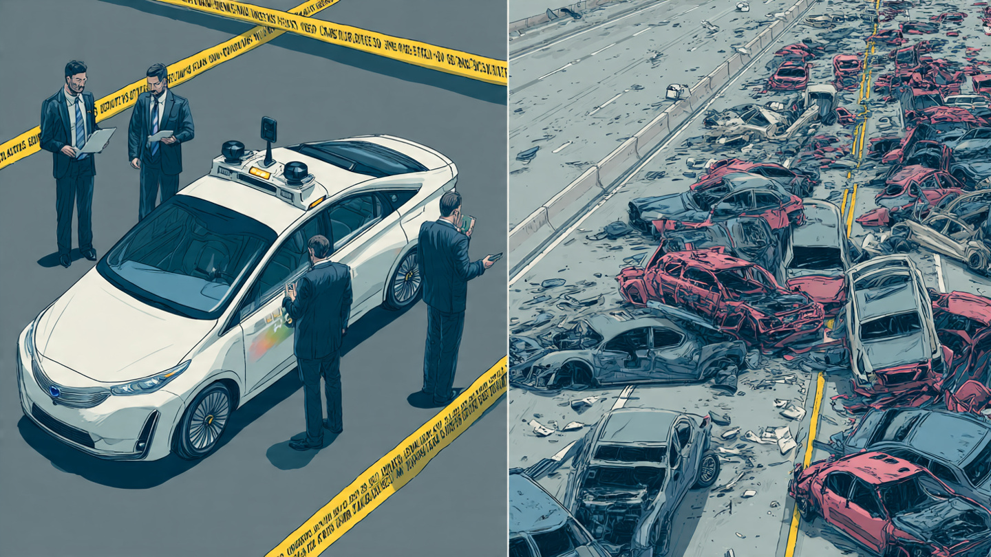 Split view of a robotaxi under a magnifying glass on one side and a massive highway pileup ignored on the other