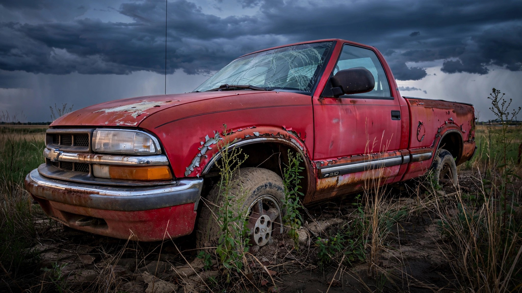 Abandoned Chevrolet S-10 pickup truck rusting in an overgrown field