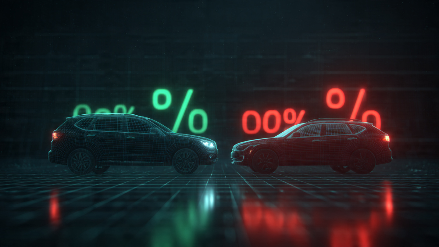 Small subcompact car next to large SUV with diverging crash survival statistics