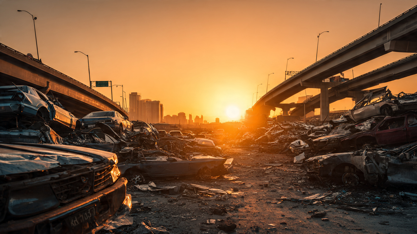 Rows of crushed cars stacked in a scrapyard with newer vehicles visible on a highway overpass