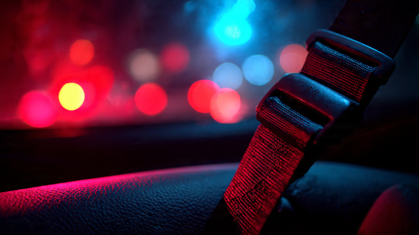 An unbuckled seat belt in the front seat of a car bathed in red and blue emergency light reflections