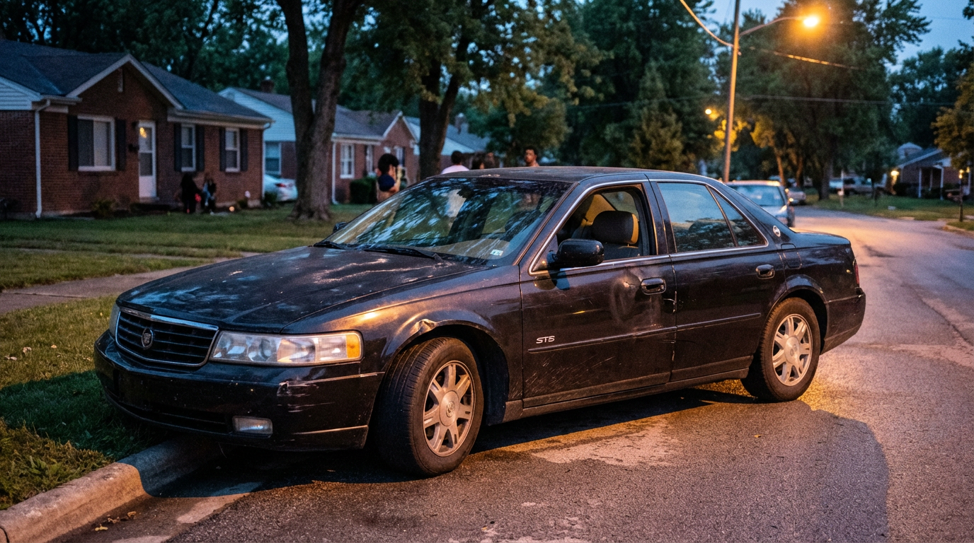 A black Cadillac Seville sedan at dusk