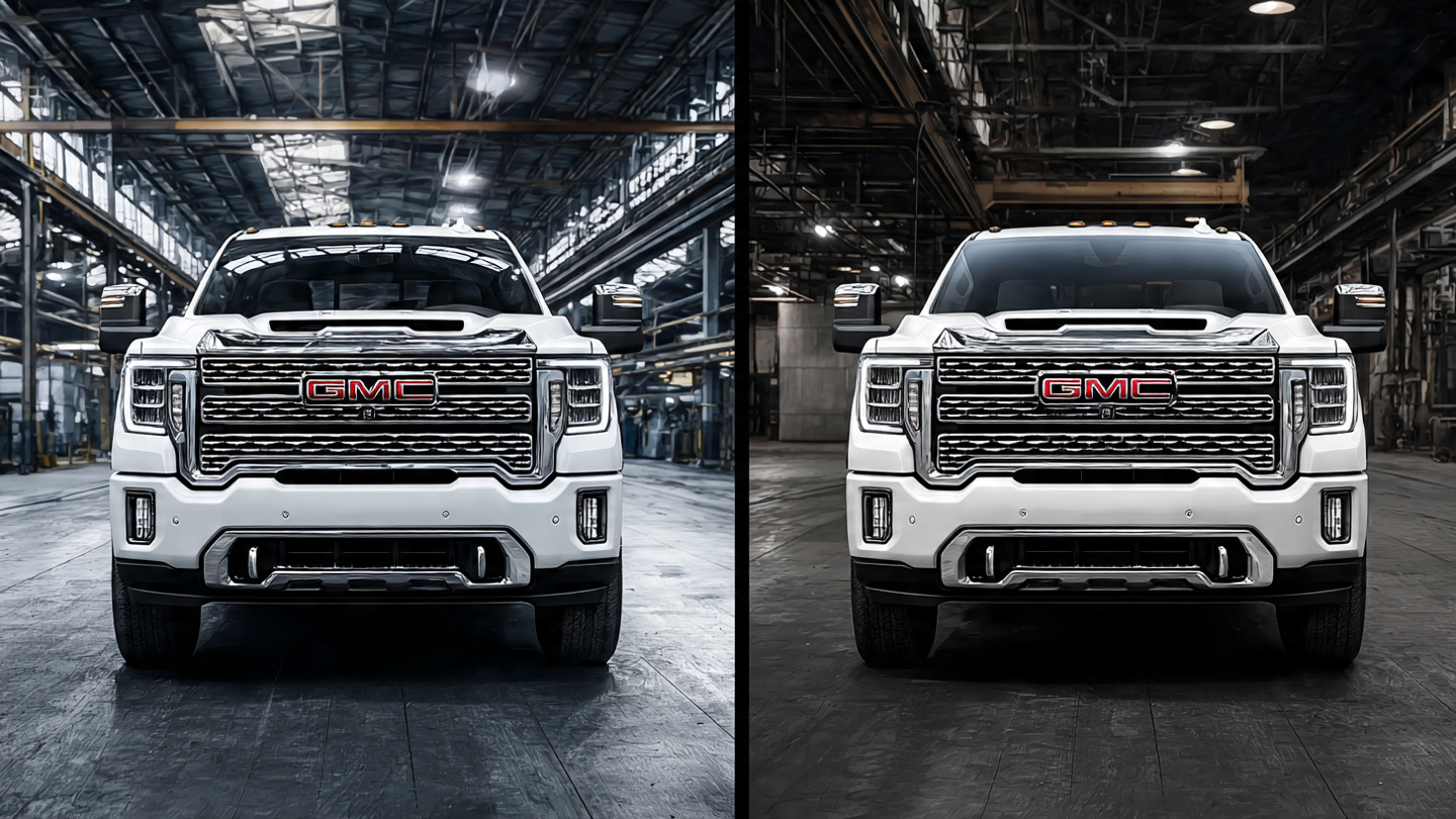 A Chevrolet Silverado and GMC Sierra parked side by side, identical frames under different badges