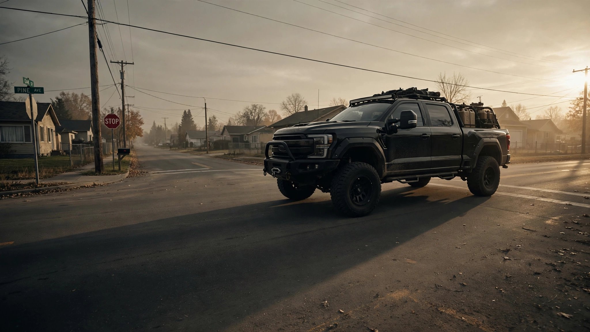 A clean, well-lit Ram 2500 casting a long shadow over a smaller sedan