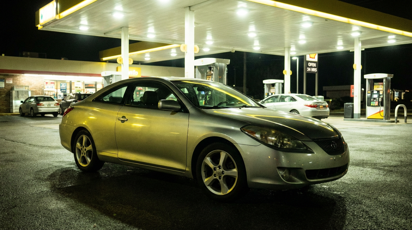 Toyota Solara coupe under gas station lights at night