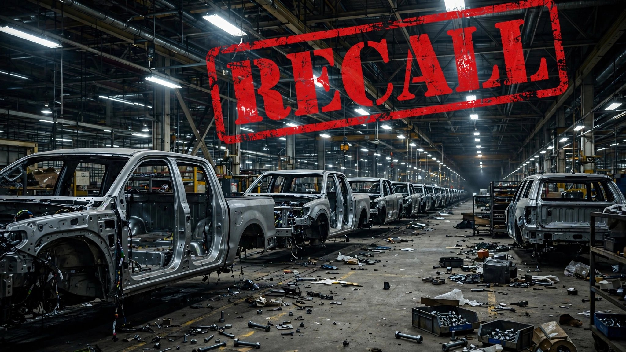 Assembly line with unfinished vehicle components and a recall notice overlay