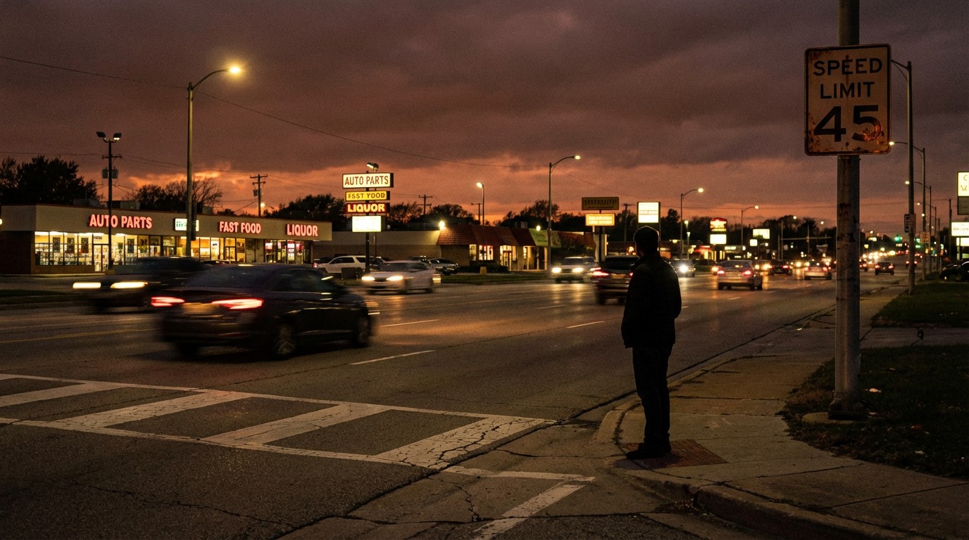 A wide suburban boulevard at 45 mph with strip malls and no sidewalks