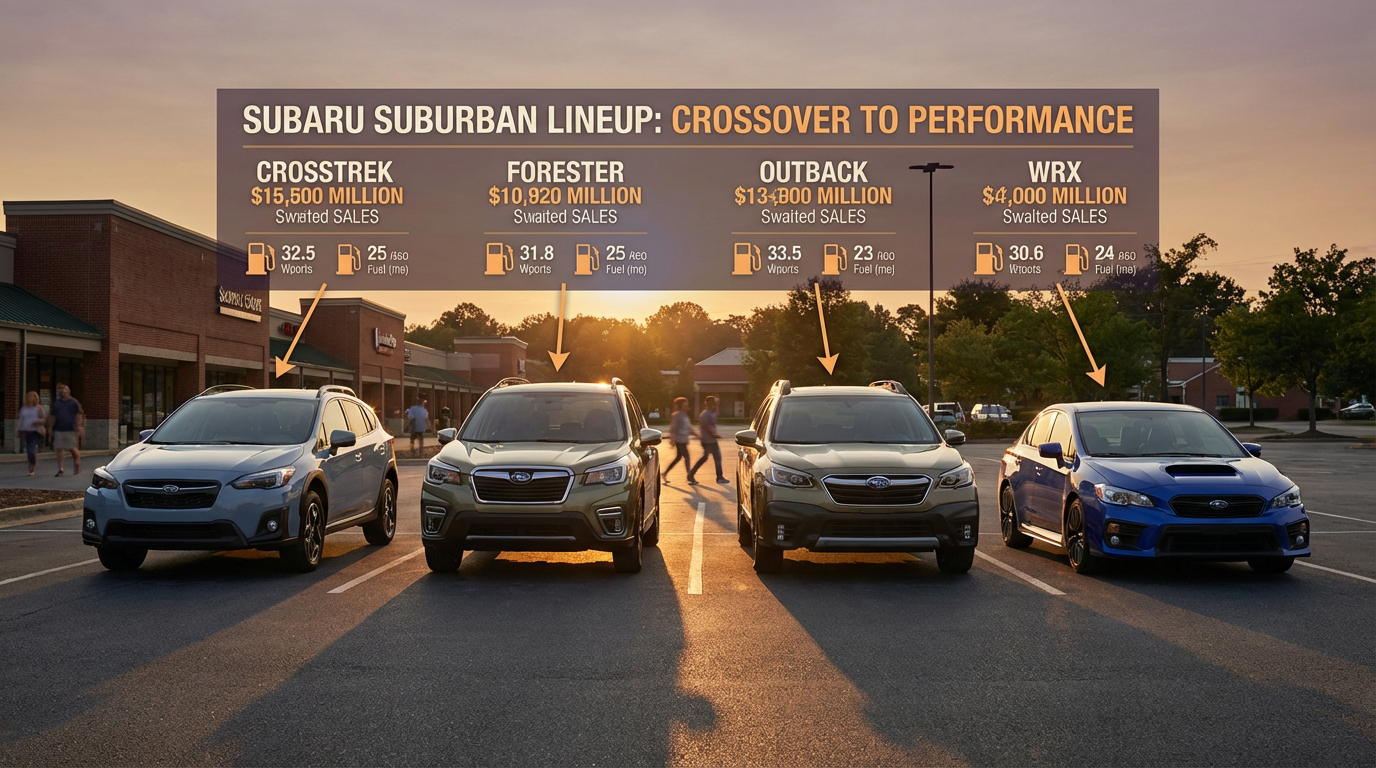 Subaru lineup in a suburban parking lot at golden hour