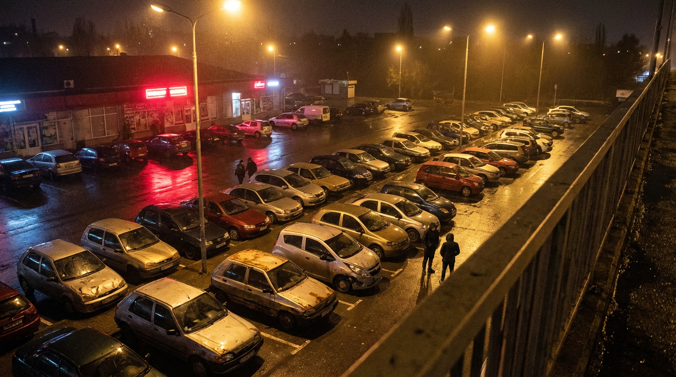 Small subcompact cars under harsh lighting in a parking lot
