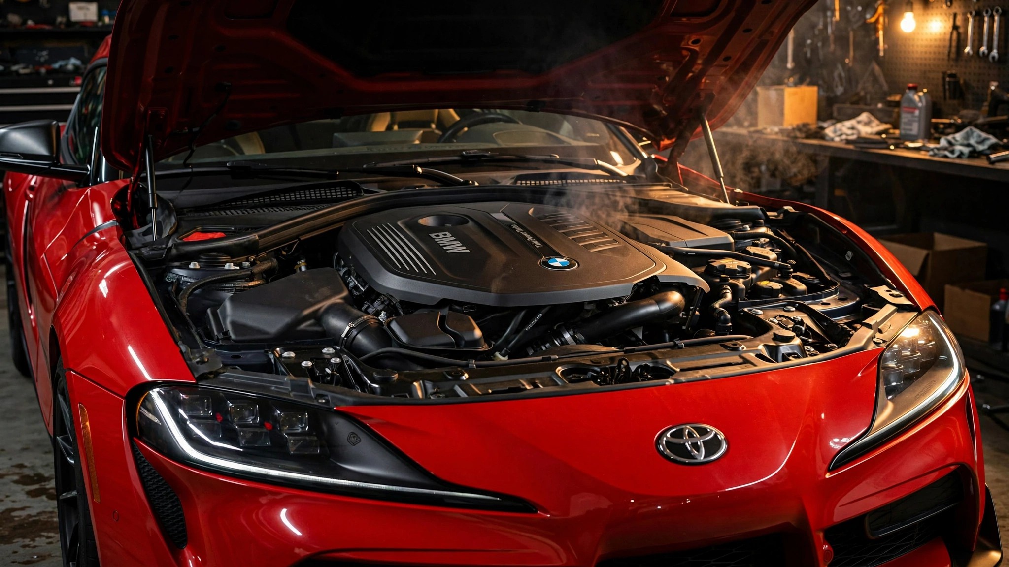 Toyota Supra with hood open revealing BMW engine