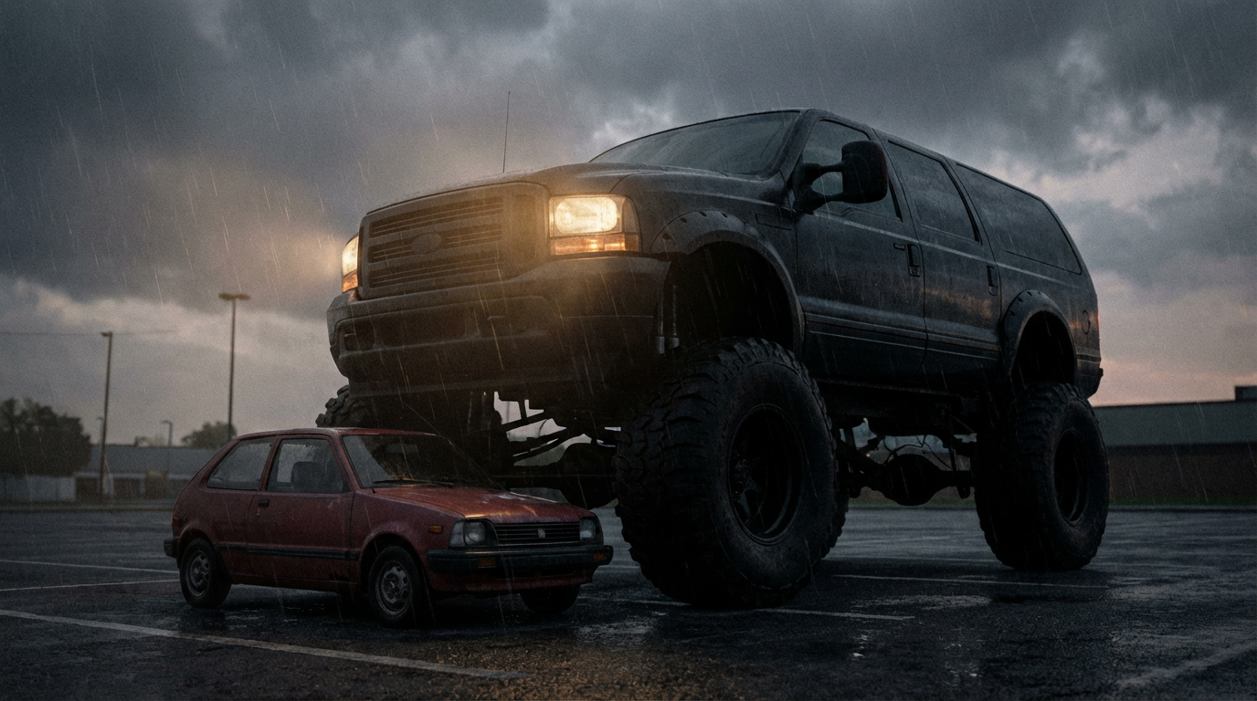 Massive SUV towering next to a tiny compact car, dramatic size contrast