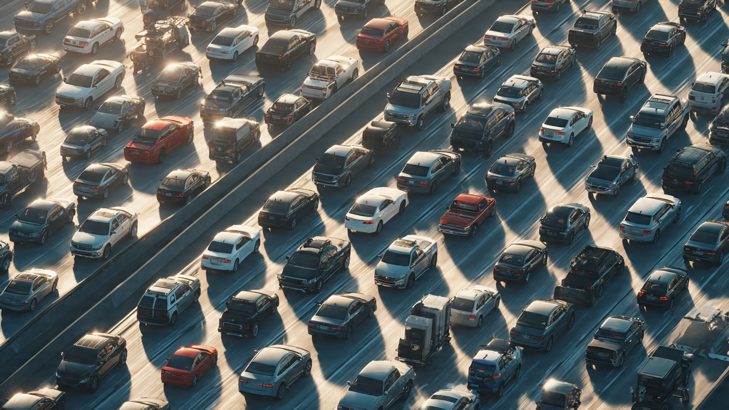 A crowded highway packed with SUVs and crossovers, illustrating fleet growth absorbing safety gains