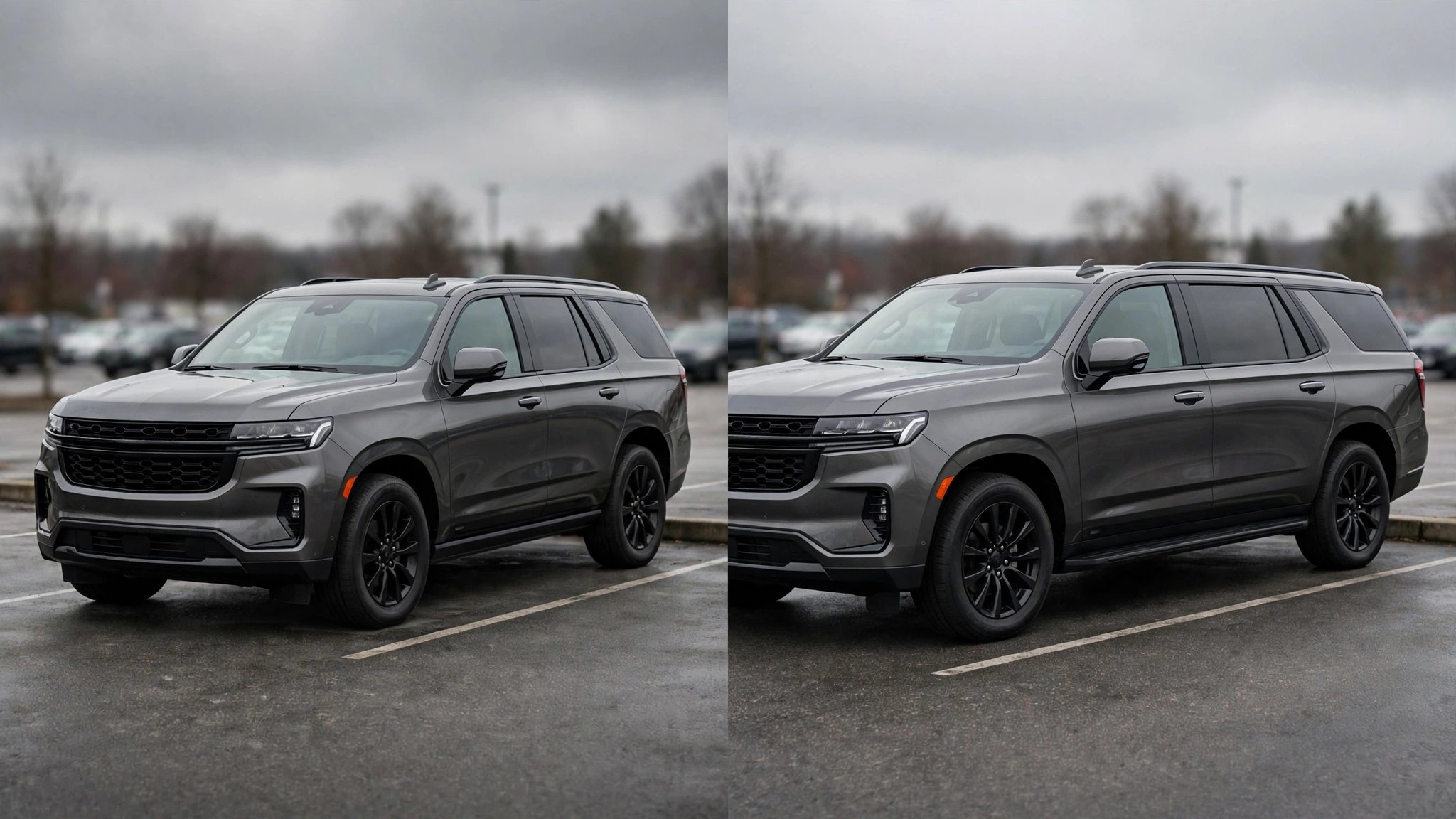 Two nearly identical full-size SUVs parked side by side under overcast skies