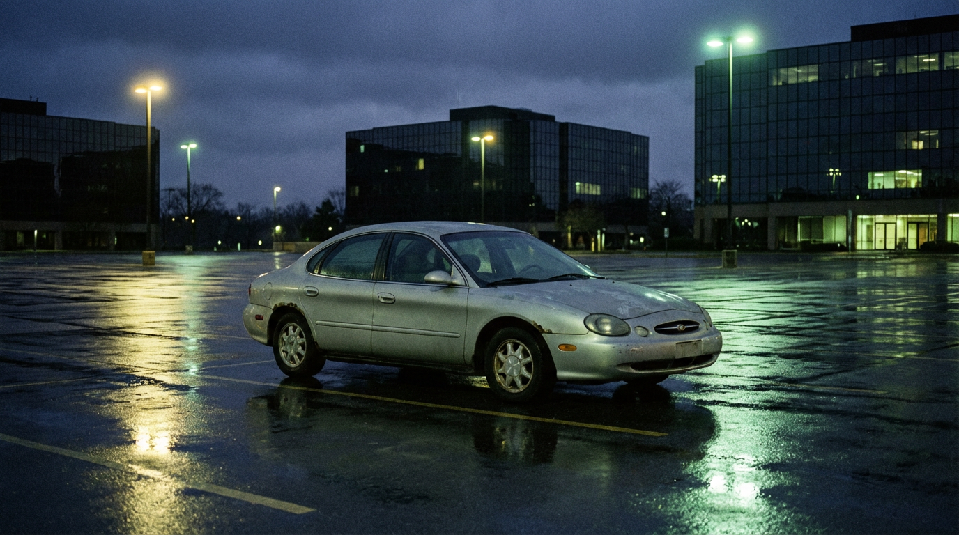Worn Ford Taurus sedan in empty parking lot at dusk
