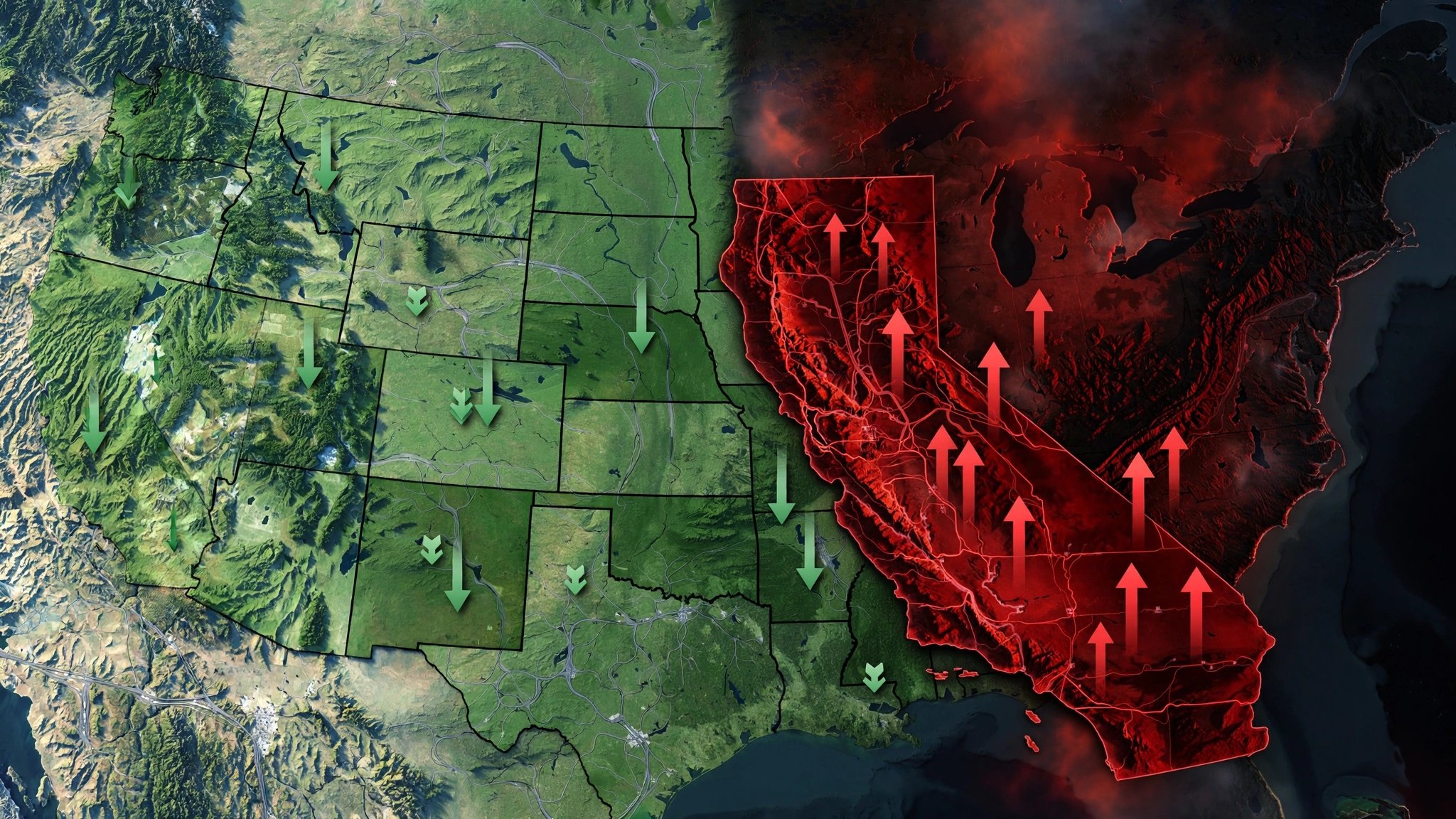 Split US map showing states in green with declining traffic deaths and states in red with increasing deaths, California prominently highlighted