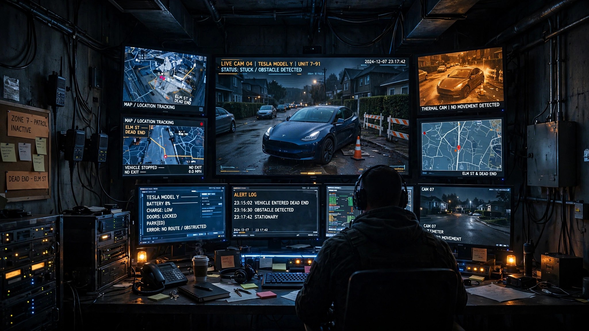 A dark control room with a single monitor showing a Tesla Model Y stuck on a dead-end residential street at night