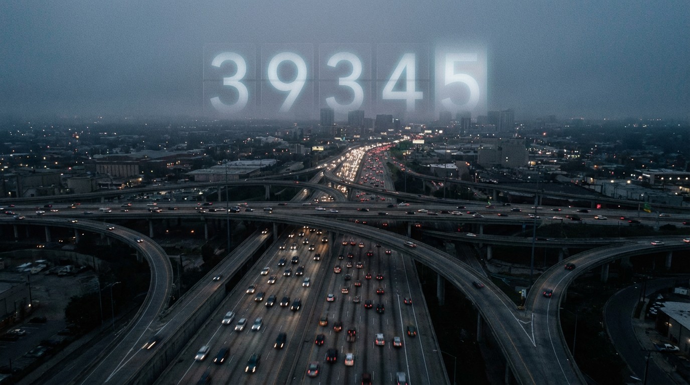 Aerial view of a massive American highway interchange at dusk with thousands of headlights and taillights