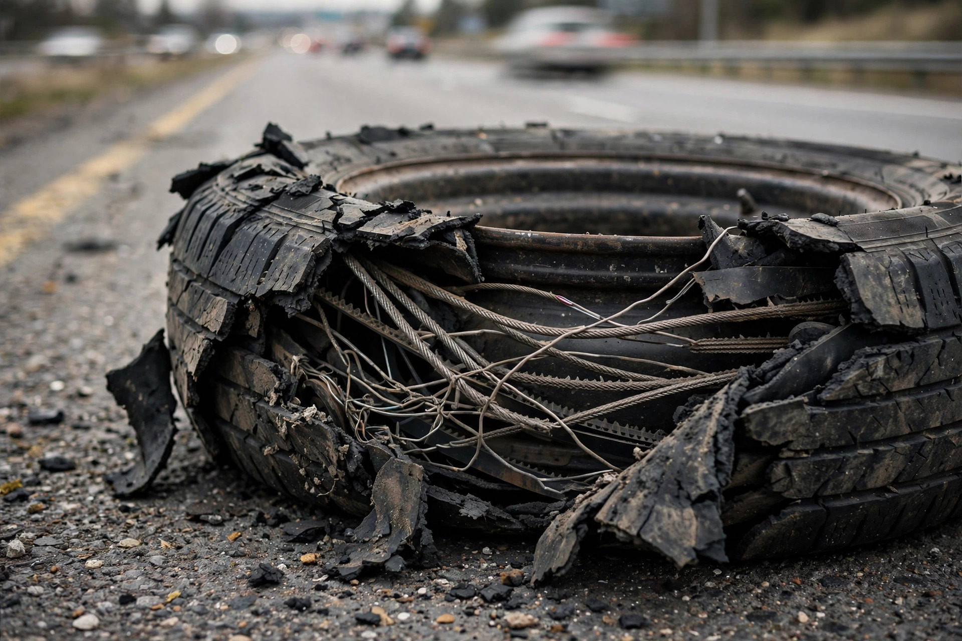 Stacked recalled tires in a warehouse with a single recall notice posted on the wall