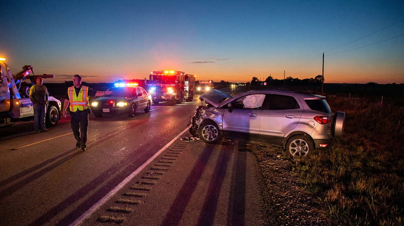 Wrecked small SUV on a rural highway at dusk