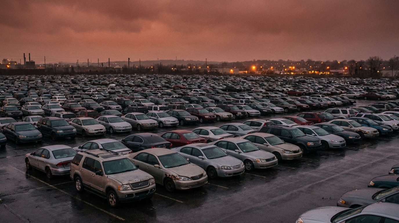 A bell curve of vehicle model years with the center glowing red, representing fatal crash deaths in middle-aged vehicles