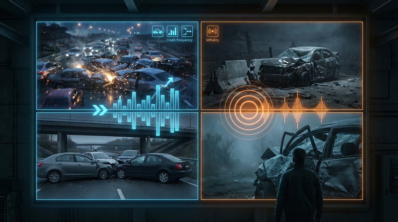 Four-quadrant safety map plotting crash frequency against crash lethality, with vehicle silhouettes in each quadrant